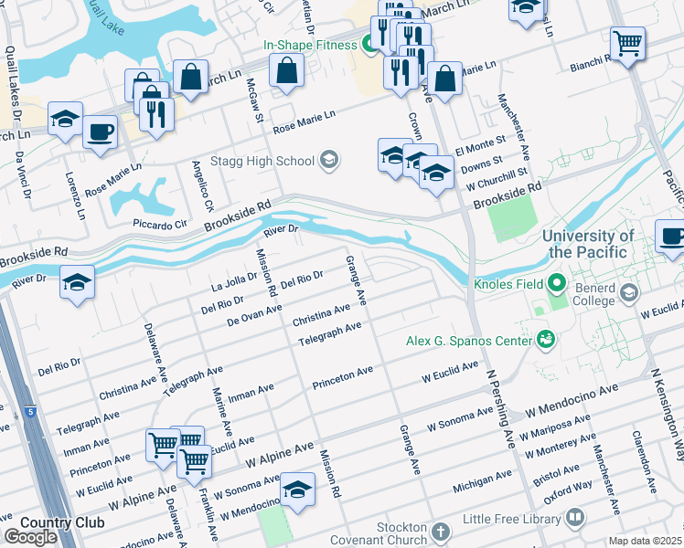 map of restaurants, bars, coffee shops, grocery stores, and more near 1705 Del Rio Drive in Stockton
