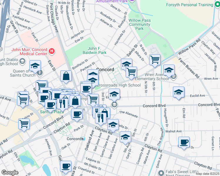 map of restaurants, bars, coffee shops, grocery stores, and more near 2881 Willow Pass Road in Concord