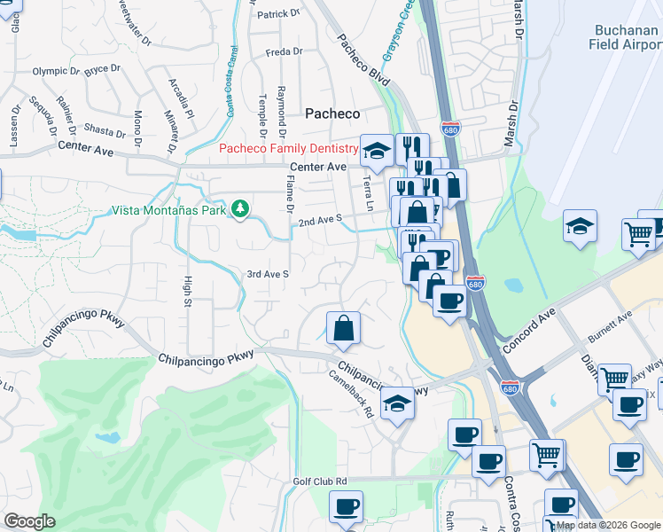 map of restaurants, bars, coffee shops, grocery stores, and more near 825 Camelback Place in Pleasant Hill