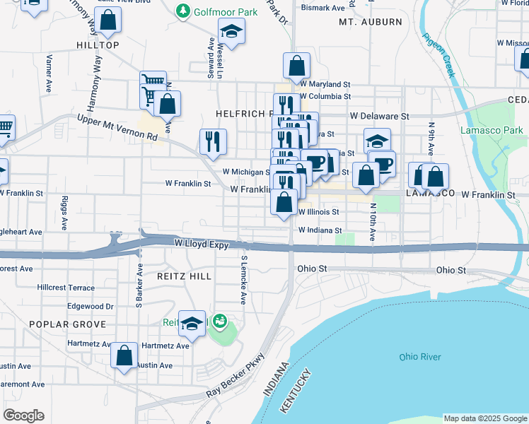 map of restaurants, bars, coffee shops, grocery stores, and more near 2419 West Illinois Street in Evansville