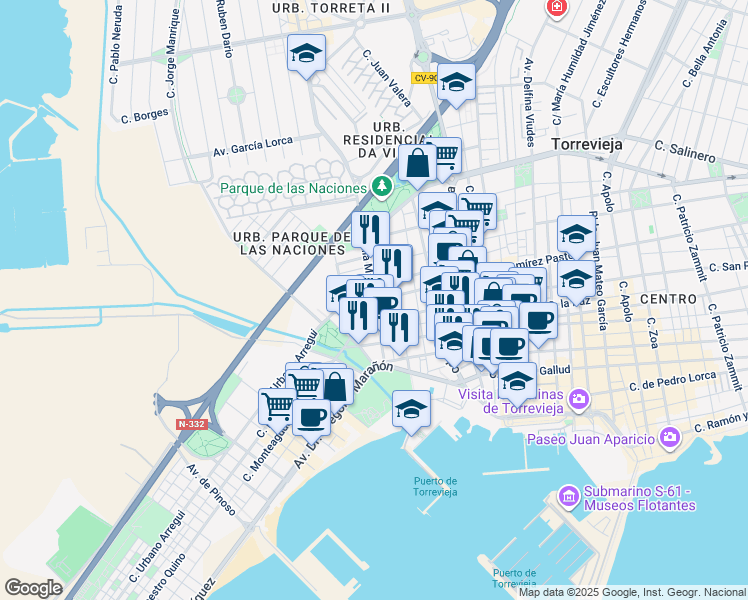 map of restaurants, bars, coffee shops, grocery stores, and more near 4 Calle San Luis in Torrevieja