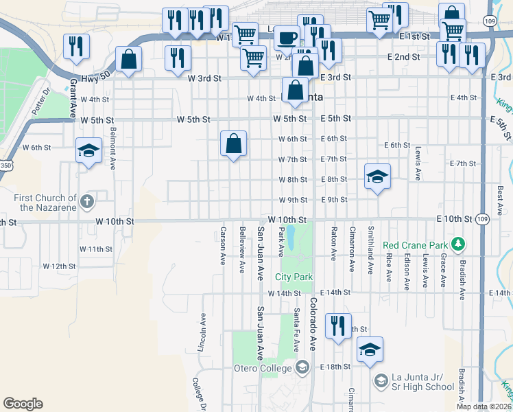 map of restaurants, bars, coffee shops, grocery stores, and more near 251-299 W 9th St in La Junta