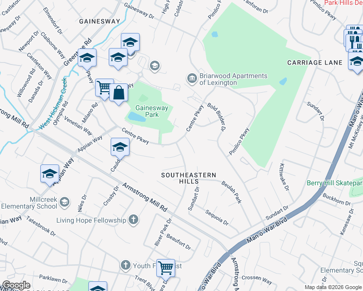 map of restaurants, bars, coffee shops, grocery stores, and more near 1294 Centre Parkway in Lexington
