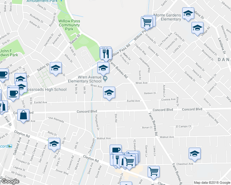 map of restaurants, bars, coffee shops, grocery stores, and more near 3398 Wren Avenue in Concord