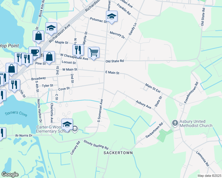 map of restaurants, bars, coffee shops, grocery stores, and more near 5 Asbury Avenue in Crisfield