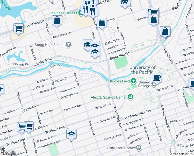 map of restaurants, bars, coffee shops, grocery stores, and more near 1412 Cat Tail Drive in Stockton