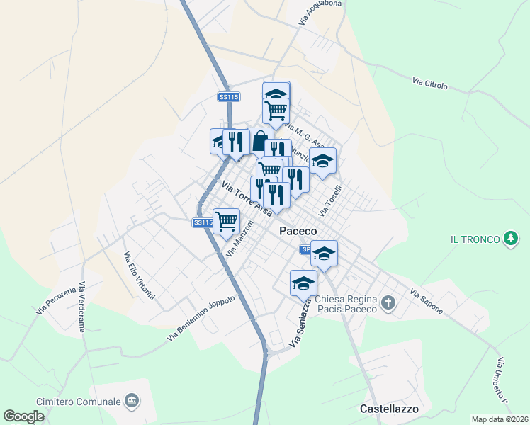 map of restaurants, bars, coffee shops, grocery stores, and more near 31 Via Giacomo Leopardi in Paceco
