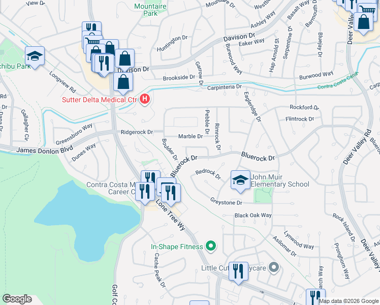 map of restaurants, bars, coffee shops, grocery stores, and more near 305 Granite Circle in Antioch