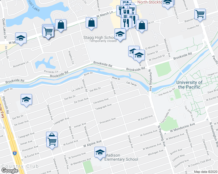 map of restaurants, bars, coffee shops, grocery stores, and more near 1705 Del Rio Drive in Stockton