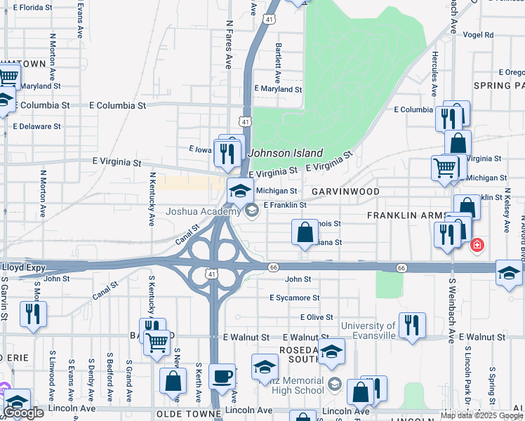 map of restaurants, bars, coffee shops, grocery stores, and more near 1249 East Franklin Street in Evansville