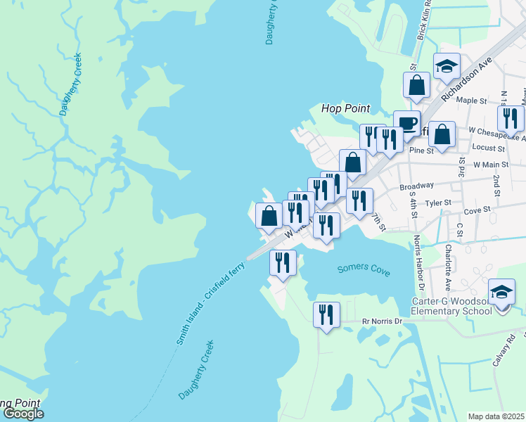 map of restaurants, bars, coffee shops, grocery stores, and more near 102 North 10th Street in Crisfield