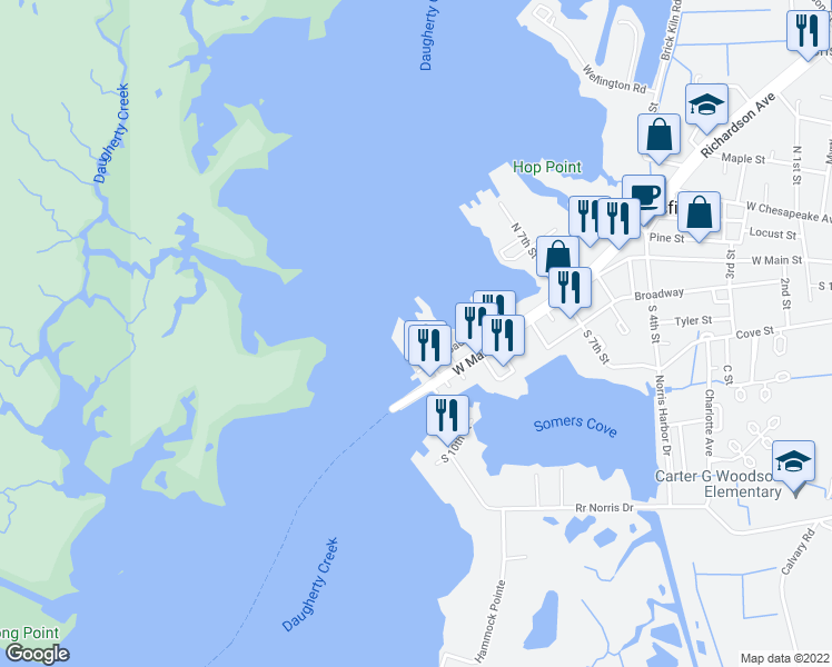 map of restaurants, bars, coffee shops, grocery stores, and more near 102 North 10th Street in Crisfield