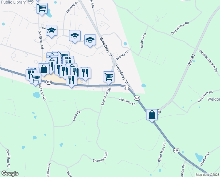 map of restaurants, bars, coffee shops, grocery stores, and more near 155 Shamrock Road in Brandenburg