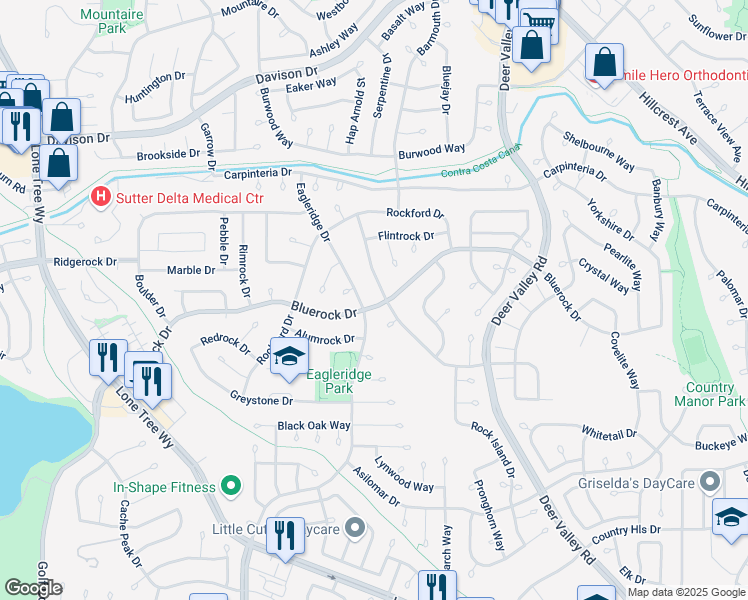 map of restaurants, bars, coffee shops, grocery stores, and more near 805 Bluerock Drive in Antioch