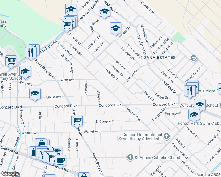 map of restaurants, bars, coffee shops, grocery stores, and more near 1826 Clayton Way in Concord