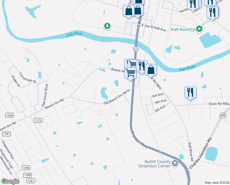 map of restaurants, bars, coffee shops, grocery stores, and more near 230 Beech Grove Road in Shepherdsville