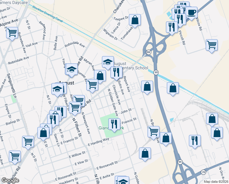 map of restaurants, bars, coffee shops, grocery stores, and more near 1820 Chronicle Avenue in Stockton