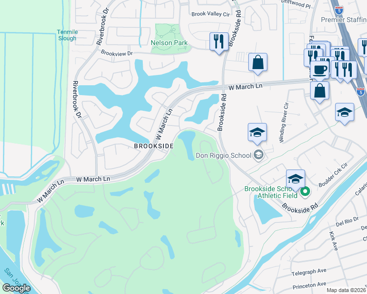 map of restaurants, bars, coffee shops, grocery stores, and more near 3653 Saint Andrews Drive in Stockton