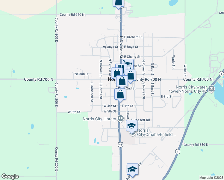 map of restaurants, bars, coffee shops, grocery stores, and more near 200-242 West 2nd Street in Norris City