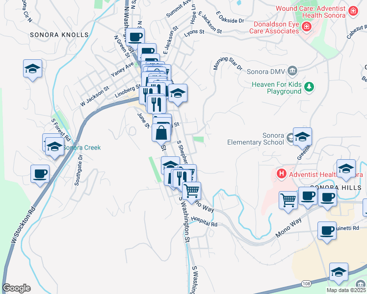 map of restaurants, bars, coffee shops, grocery stores, and more near 384 Barretta Street in Sonora