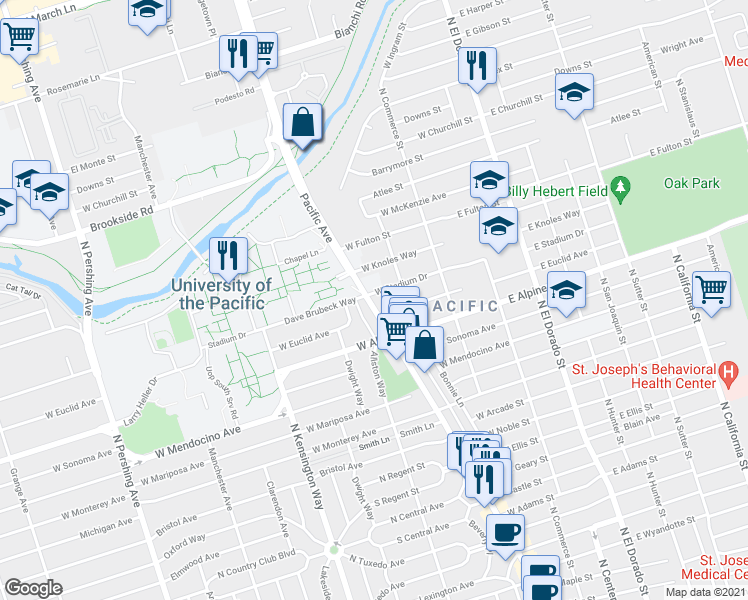 map of restaurants, bars, coffee shops, grocery stores, and more near 3502 North Pacific Avenue in Stockton