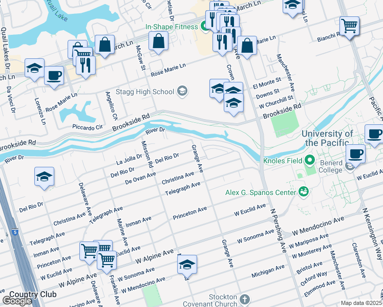 map of restaurants, bars, coffee shops, grocery stores, and more near 1705 Del Rio Drive in Stockton