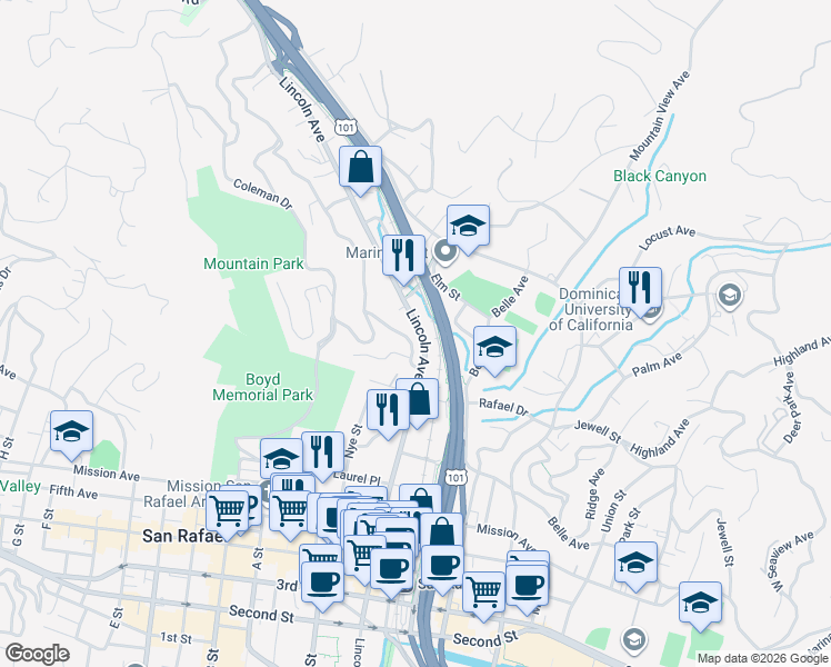 map of restaurants, bars, coffee shops, grocery stores, and more near 1458 Lincoln Avenue in San Rafael