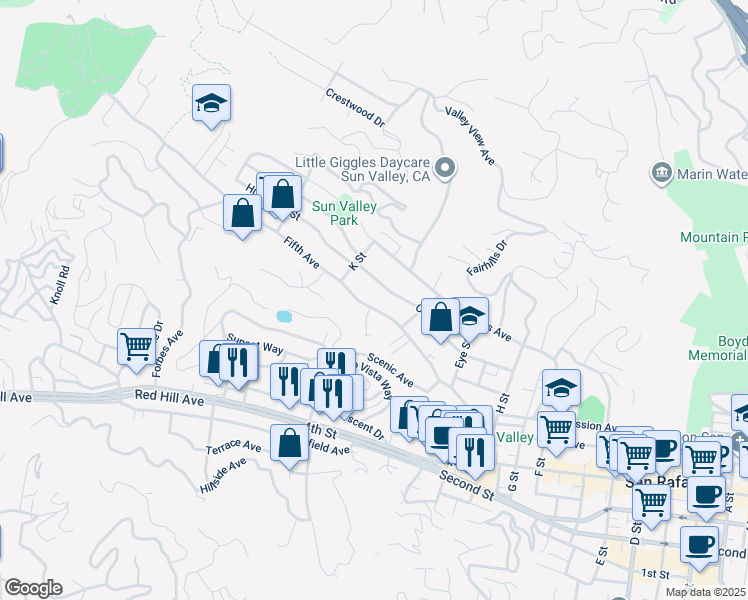 map of restaurants, bars, coffee shops, grocery stores, and more near 2062 Fifth Avenue in San Rafael