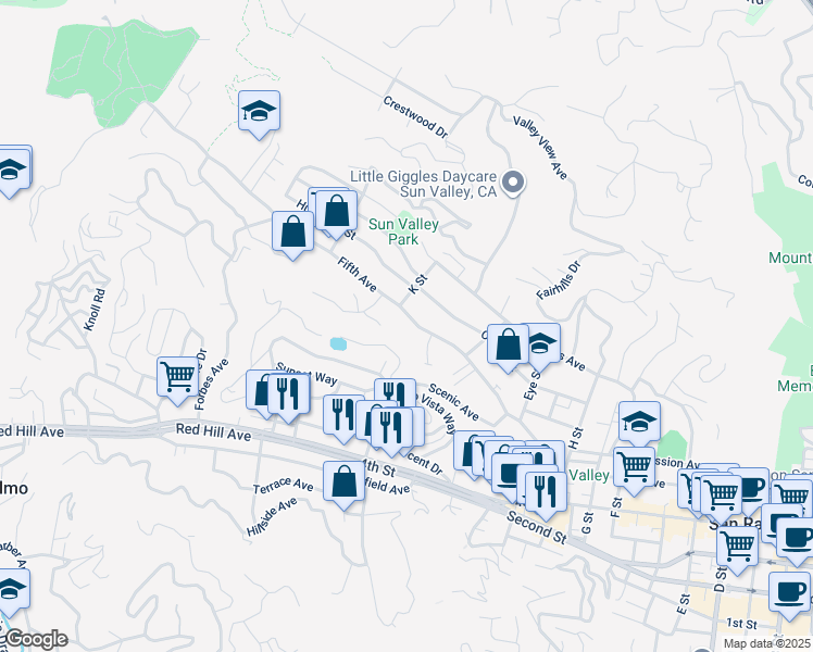 map of restaurants, bars, coffee shops, grocery stores, and more near 2062 Fifth Avenue in San Rafael