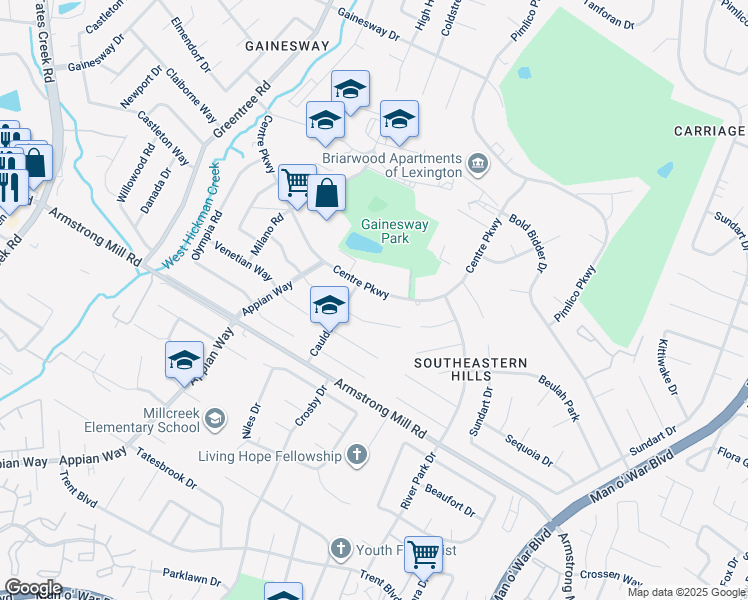 map of restaurants, bars, coffee shops, grocery stores, and more near 1236 Centre Parkway in Lexington