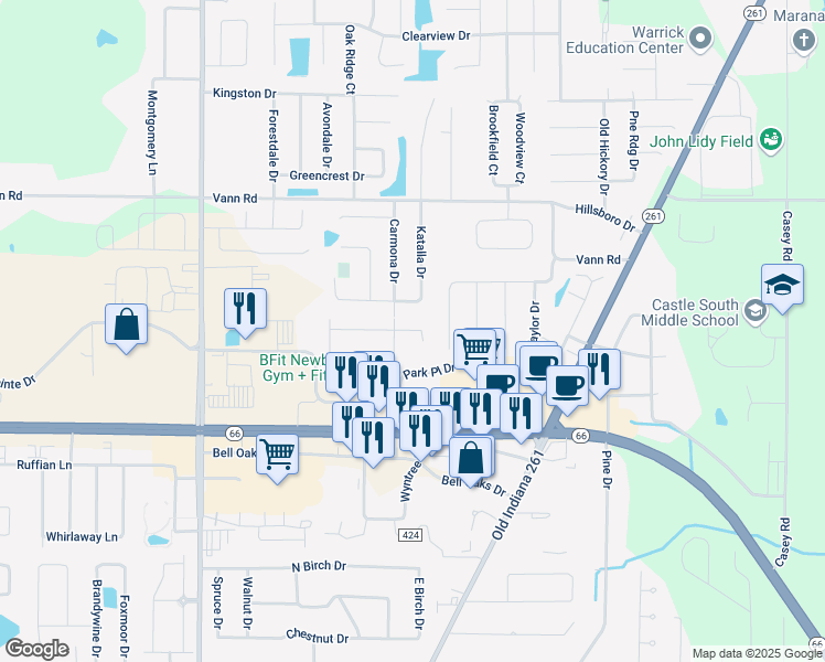 map of restaurants, bars, coffee shops, grocery stores, and more near Carmona Drive in Newburgh