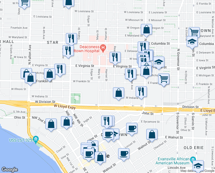 map of restaurants, bars, coffee shops, grocery stores, and more near 220 Harriet Street in Evansville