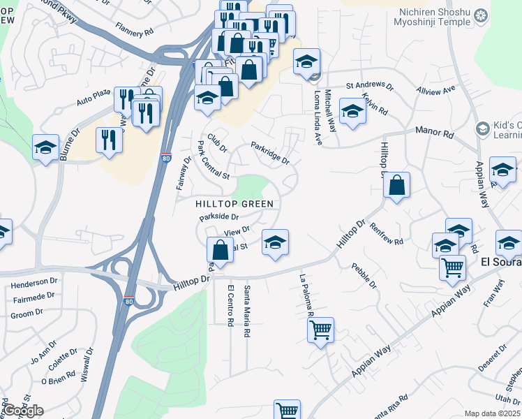 map of restaurants, bars, coffee shops, grocery stores, and more near 1095 Parkside Dr in El Sobrante