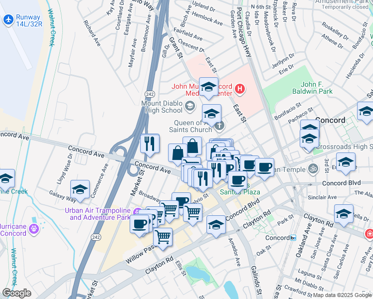 map of restaurants, bars, coffee shops, grocery stores, and more near 2311 Galindo Street in Concord