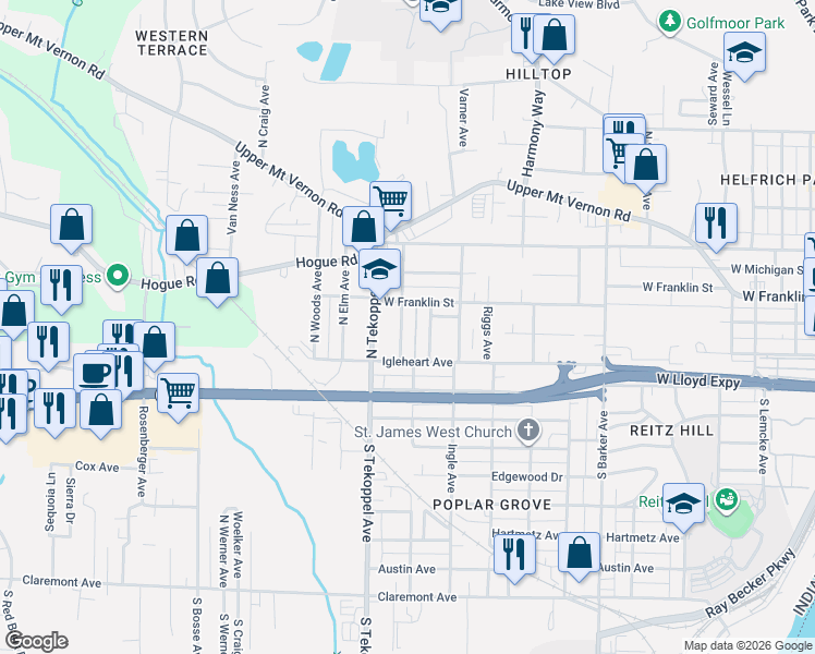 map of restaurants, bars, coffee shops, grocery stores, and more near 100 Wills Avenue in Evansville