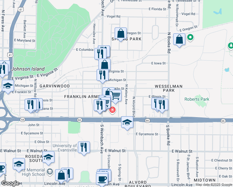 map of restaurants, bars, coffee shops, grocery stores, and more near 2015 East Franklin Street in Evansville