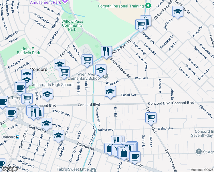 map of restaurants, bars, coffee shops, grocery stores, and more near 3364 Wren Avenue in Concord