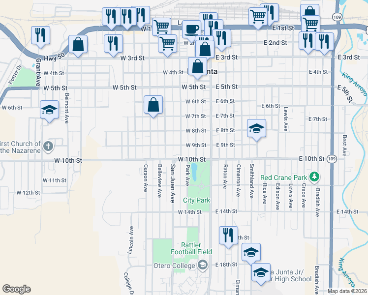 map of restaurants, bars, coffee shops, grocery stores, and more near 115 West 9th Street in La Junta