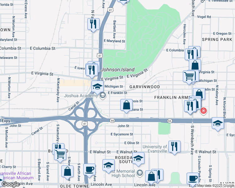 map of restaurants, bars, coffee shops, grocery stores, and more near 1323 East Franklin Street in Evansville