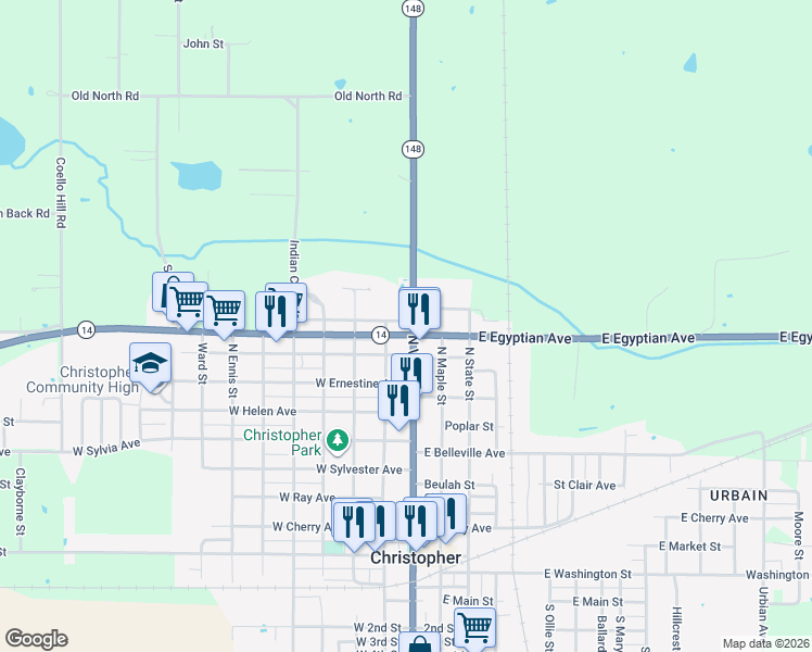 map of restaurants, bars, coffee shops, grocery stores, and more near 901 North Victor Street in Christopher