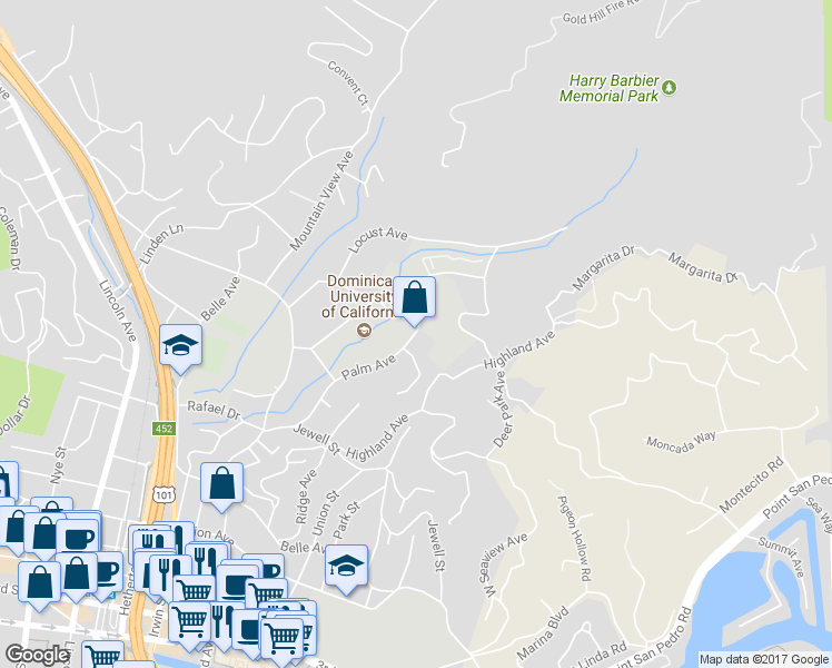 map of restaurants, bars, coffee shops, grocery stores, and more near 180 Palm Avenue in San Rafael
