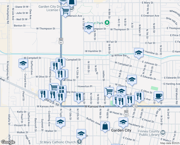map of restaurants, bars, coffee shops, grocery stores, and more near 1502 North 10th Street in Garden City