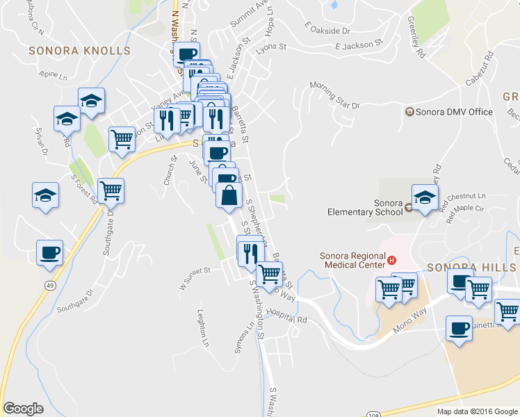 map of restaurants, bars, coffee shops, grocery stores, and more near 444 Barretta Street in Sonora