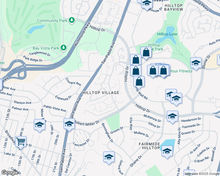 map of restaurants, bars, coffee shops, grocery stores, and more near Hillview Drive & Meadow Crest Court in Richmond