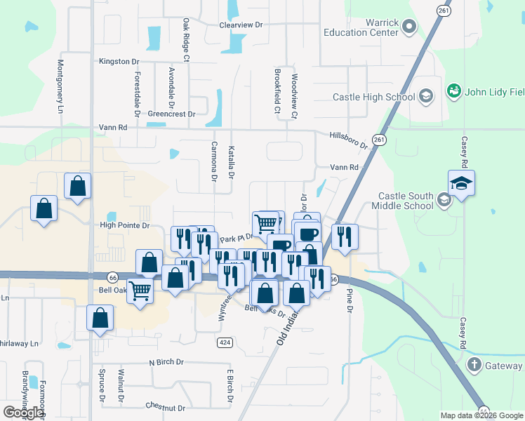 map of restaurants, bars, coffee shops, grocery stores, and more near 3777 Elizabeth Court in Newburgh