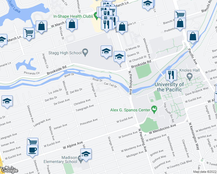 map of restaurants, bars, coffee shops, grocery stores, and more near 1520 Cat Tail Drive in Stockton