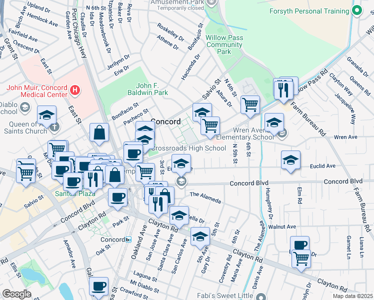 map of restaurants, bars, coffee shops, grocery stores, and more near 2964 Willow Pass Road in Concord