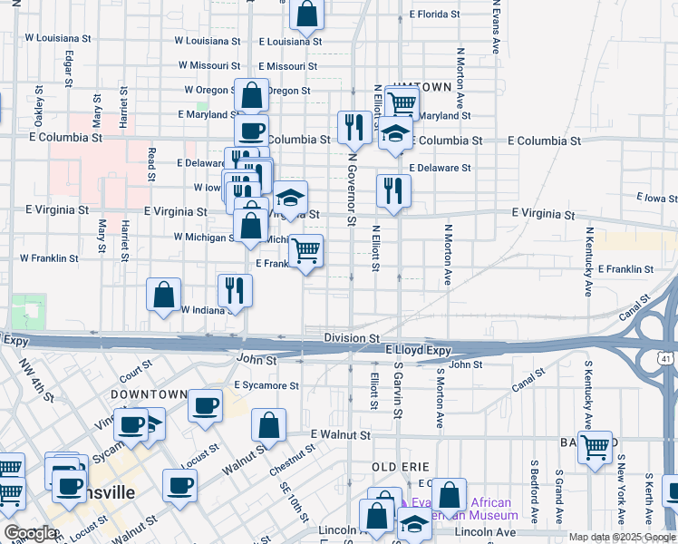 map of restaurants, bars, coffee shops, grocery stores, and more near 311 East Franklin Street in Evansville