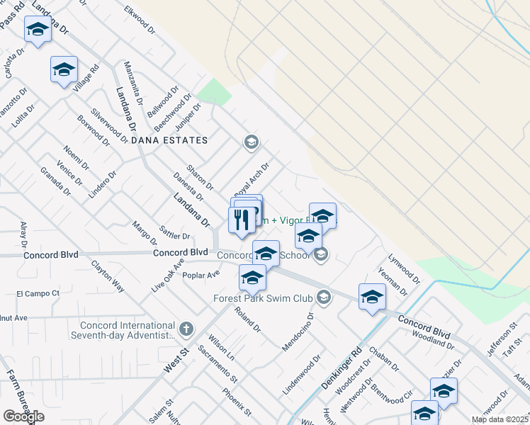 map of restaurants, bars, coffee shops, grocery stores, and more near 3932 Mulberry Drive in Concord