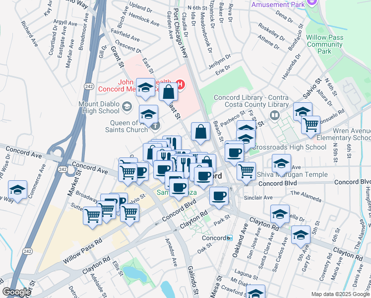 map of restaurants, bars, coffee shops, grocery stores, and more near 2109 East Street in Concord